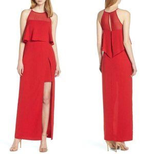 NEW NWT HARLYN Red SHEER YOKE Sleeveless POPOVER BODICE Side Slit GOWN SZ M